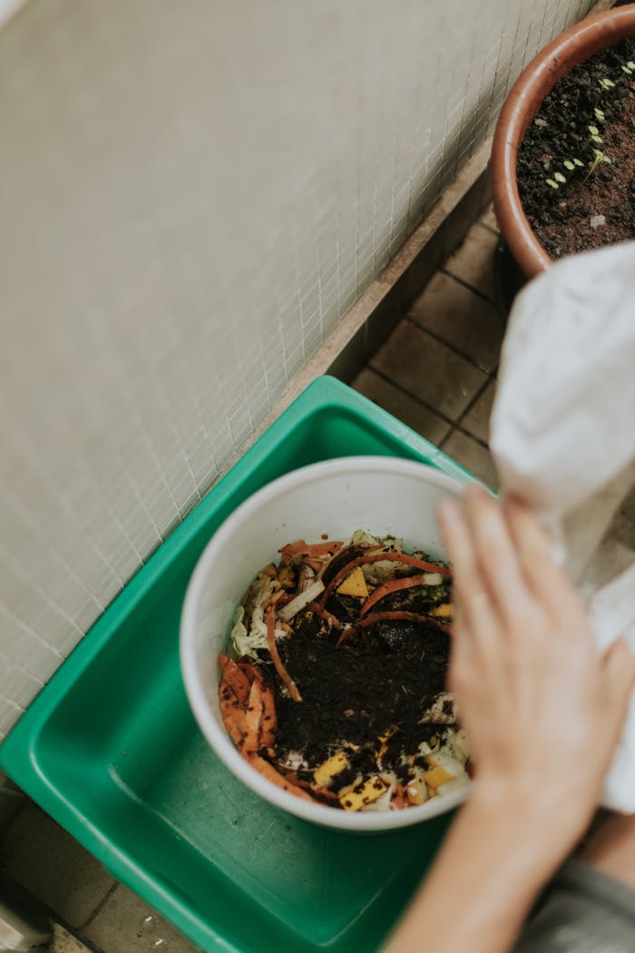 View of hands adding food scraps to a compost bin with visible soil.